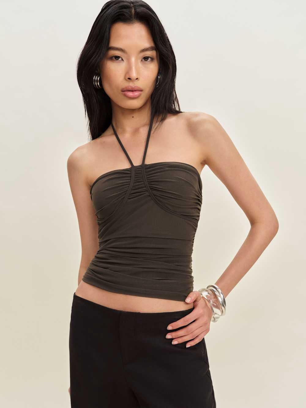 Reformation Olive Green Ruched Halter Tube Top